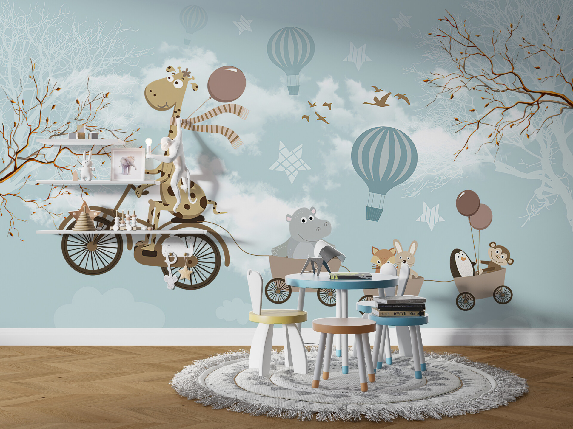 Tapeta: Žirafa na biciklu -plava