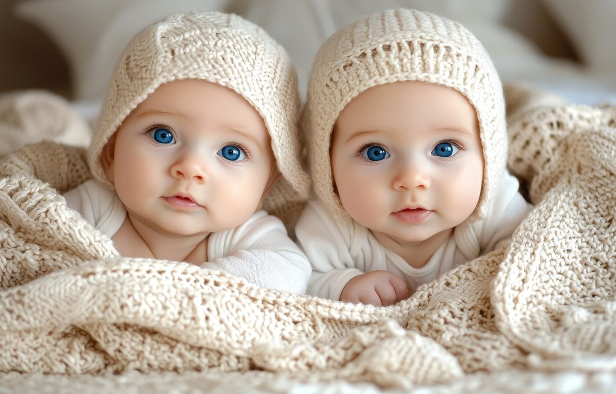 adorable-twin-babies-with-blue-eyes-knitted-hats-blanket
